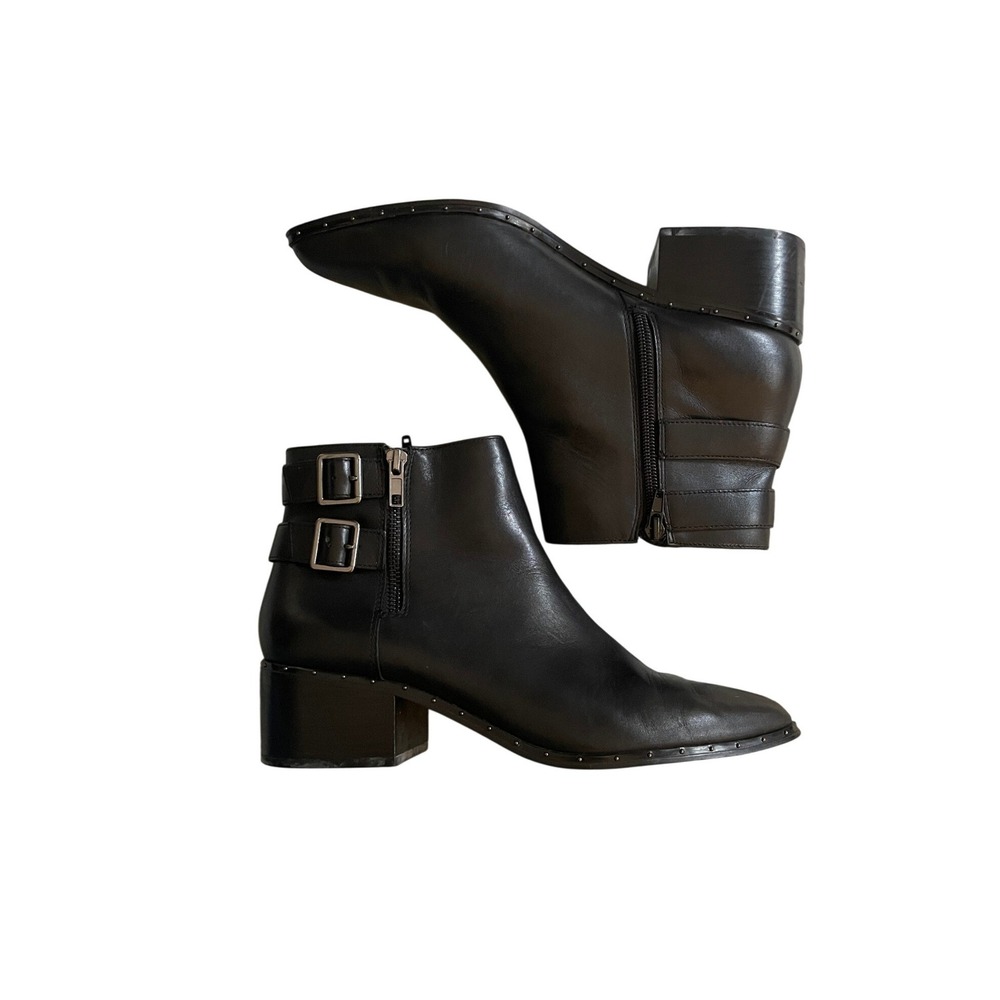Black Leather Buckle Ankle Boots Pointed Toe Studded Size 10M
